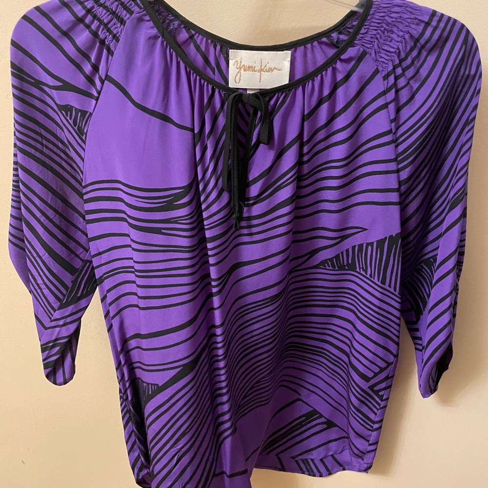 Yumi Kim Purple and Black Graphic 3/4 Sleeve Blouse 100% Silk